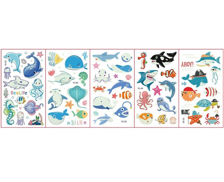 Kids Glow in the Dark Temporary Tattoos - Ocean Animals Theme (5 Sheets)