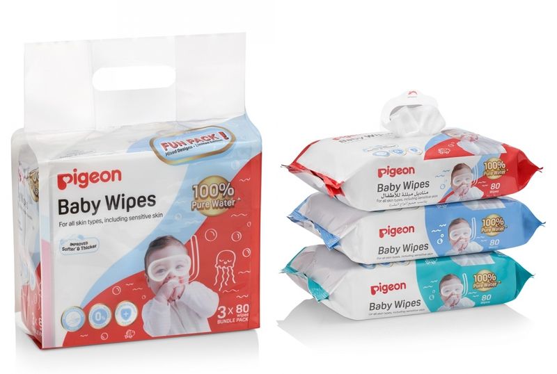 Pigeon 3-in-1 Baby Wipes 80s Refill - 100% Water, Hypoallergenic Care