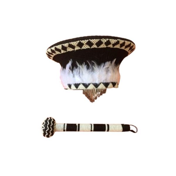 2 in 1 Beaded Black &amp; White Zulu Hat and Knobkerrie Set
