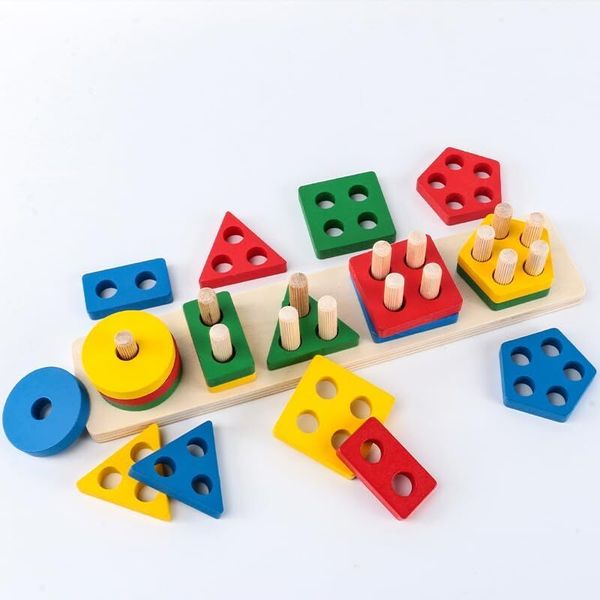 Montessori Wooden Shape Sorter Five Column Stacking Puzzle Educational Toy