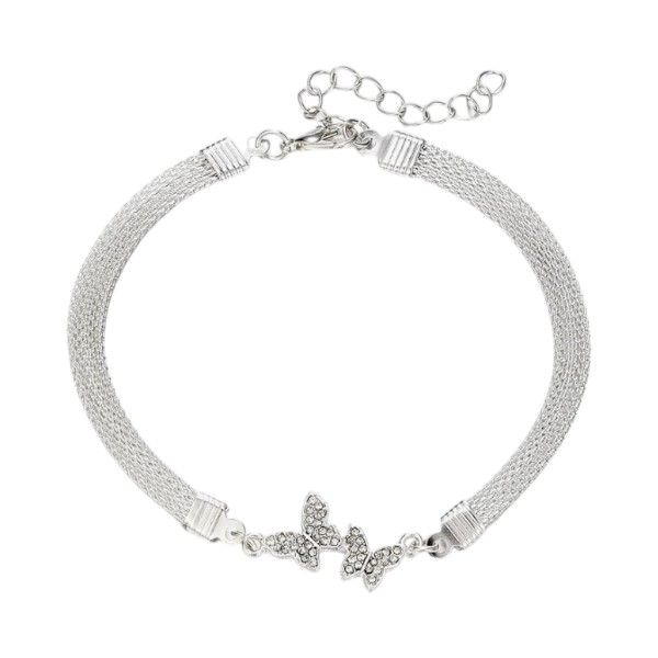 Mesh Chain BraceletWith Twin Butterfly Rhinestone Charms - Silver