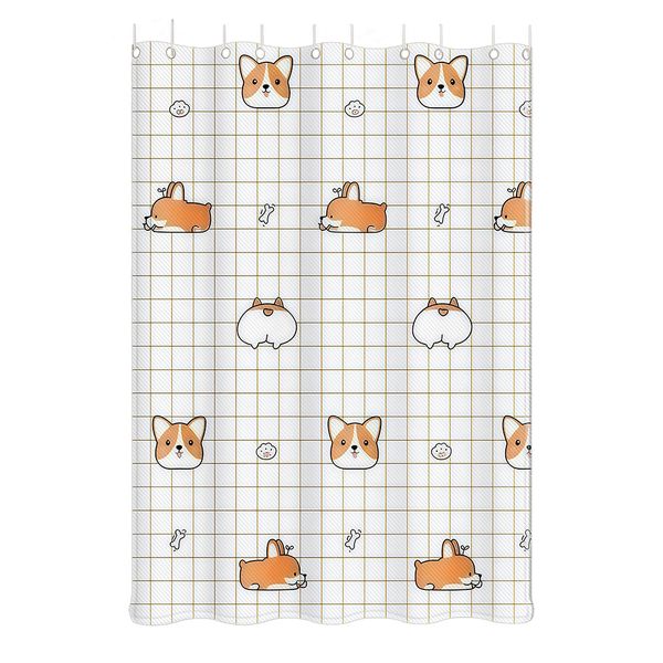 Polyester Shower Curtain and Hooks - "Corgi" Pattern - Multicolor