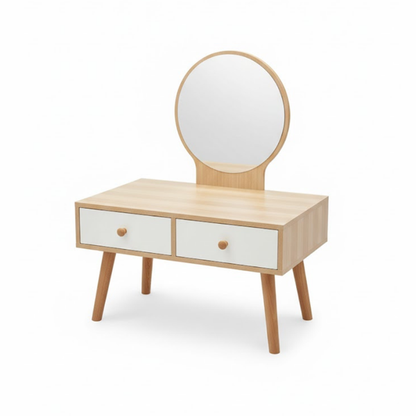 Dressing Table with a Round Mirror, Two Drawers, and Solid Wood legs