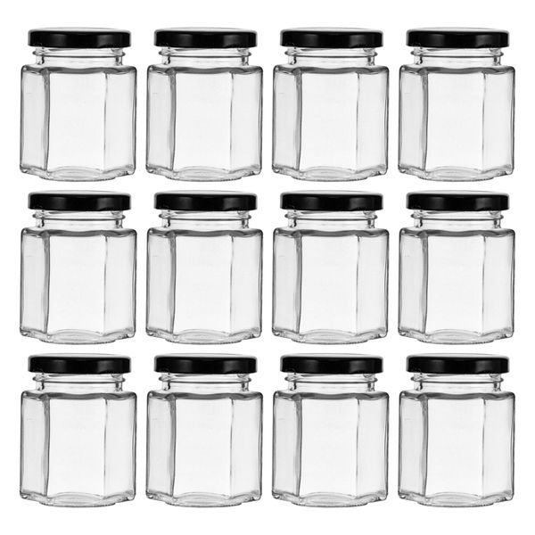 Regent 85ml Glass Hexagonal Jar With Black Lid 12 Pack (72X50Mm Dia)