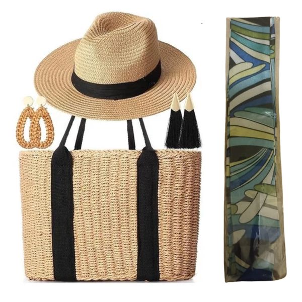Women's Straw Tote Bag Summer Straw Beach Bag Straw Sun Hat Woven Earrings