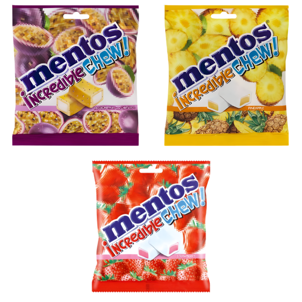 Mentos Incredible Chew 72g -Pineapple+Passion Fruit/Chia Seeds+ Strawberry