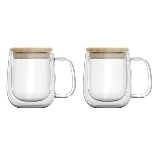 350ml Portable Double Wall Glass Mug with Bamboo Lid - 2 Pack