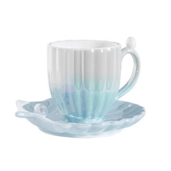 Ceramic Coffee Mug with Saucer, Pearl Shell Cup, Cute Coffee Mugs for Offic