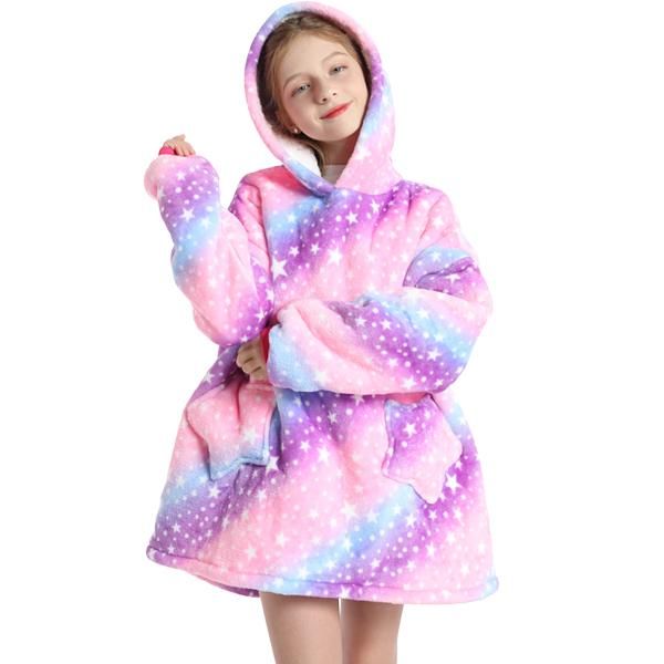 Iconix Kids Pink and Purple Stripe Oversized Plush Blanket Hoodie