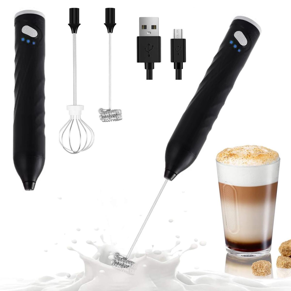 Milk Frother USB Rechargeable Electric Foam Maker with Double Whisks-Black