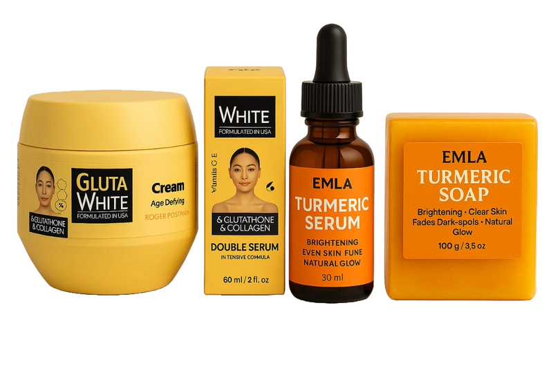 Gluta White Double Serum, Face Cream, Tumeric Soap &amp; Emla Turmeric Serum.