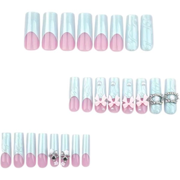 Pink 3D Bow French Manicure With Cat Shaped Rhinestone False Nails