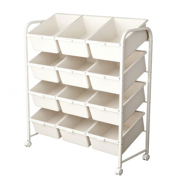 4-Tier Retail Display Rack with 12 Baskets &amp; Wheels, Large Capacity Storage