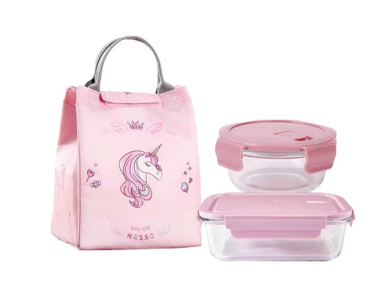 Set Of 3 - Unicorn Insulated Cooler Bag with Borosilicate Glass Lunch Box