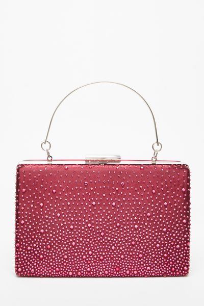 Quiz - Women Dark Red Scattered Diamante Box Bag