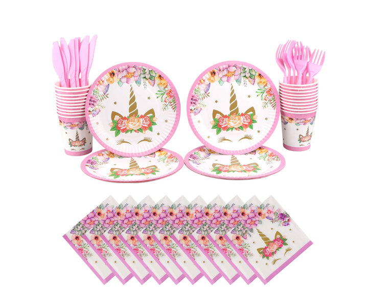 Girls Pink Flower Unicorn Theme Party Disposable Tableware Decor Kids