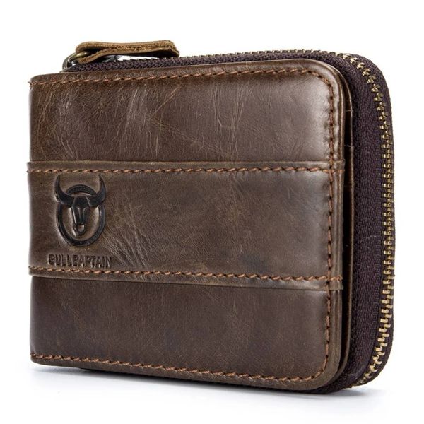 Bullcaptain Sullivan RFID Blocking Men's Bifold Zipper Leather Wallet Brown