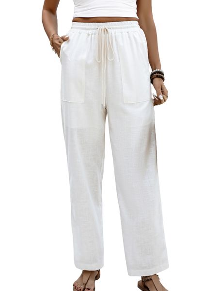 Women's Summer Cotton Linen Pants Casual High Waist Straight Leg Drawstring