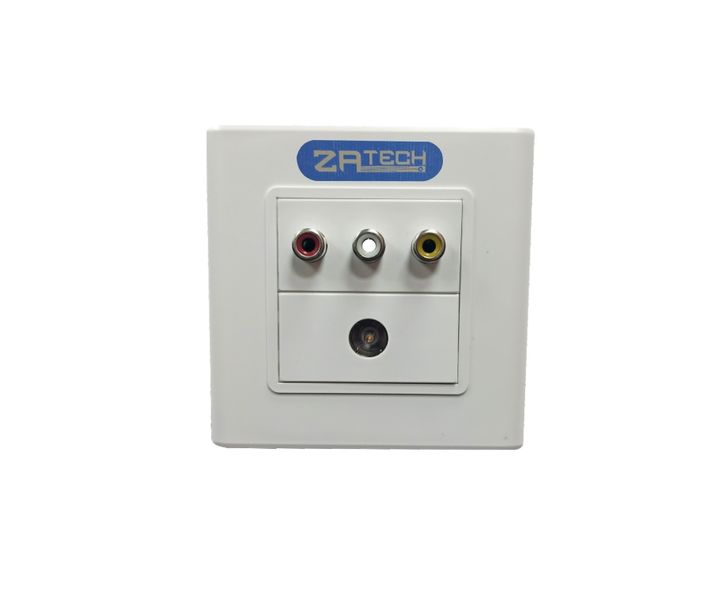 ZATECH Double Wall Plug with RF Female &amp; 3 RCA Sockets