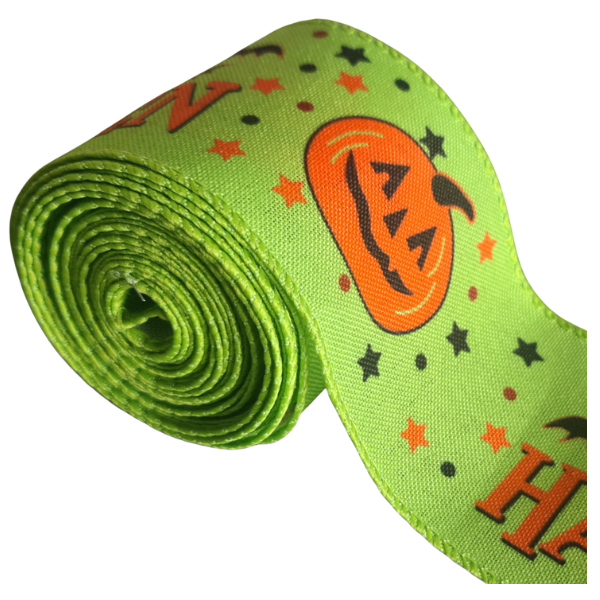 Lime Green "Happy Halloween" Ribbon - 63mm x 3m Wired Edge