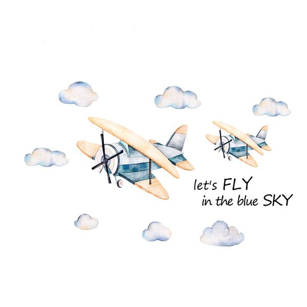 Watercolor Clouds and Flying Airplanes Vinyl Art Sticker for Wall Decoration