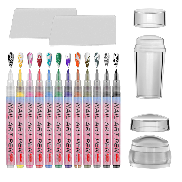 12 Color 3D Nail Art Pens Set &amp; 2 Nail Stampers