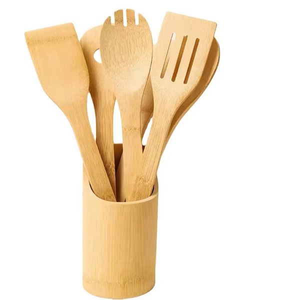 6 Piece Wooden Bamboo Spoons For Cooking Kitchen Utensil Set With Holder