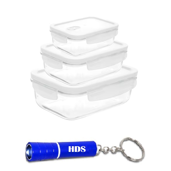 Rectangular Glass Container with Air Vent Lid - 3 Piece With HDS Branded Torch