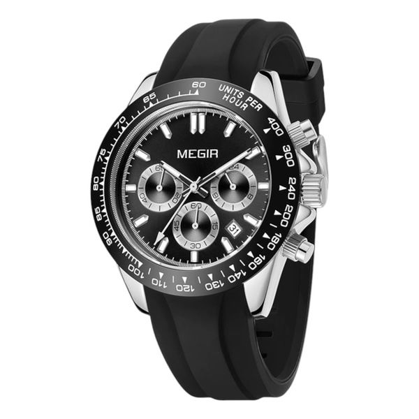 Megir - Water Resistant Chronograph Watch With Luminous Dial - Black/Silver