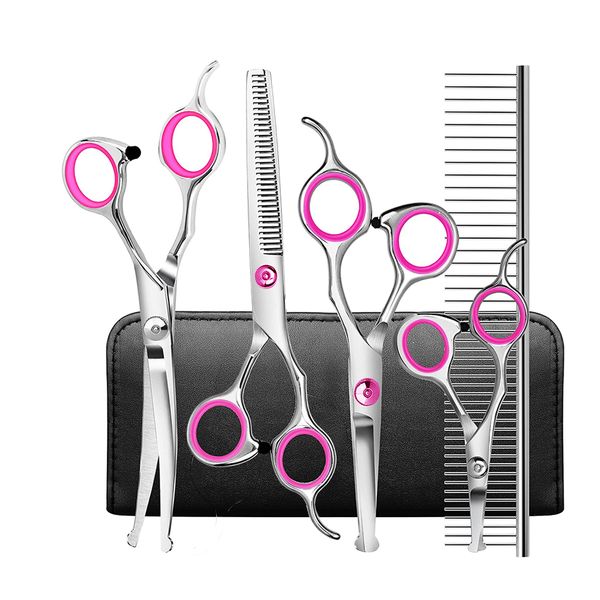 Professional 6-In-1 Dog Grooming Scissors Set with Safety Ronud Tip - Pink