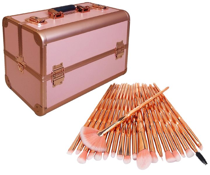 Professional Cosmetic Storage Case &amp; 20 Piece Make Up Brush Set - Rose Gold