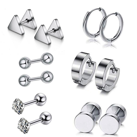 POU Unisex Silver Stainless Steel Earring Piercing Set - 6 Pairs