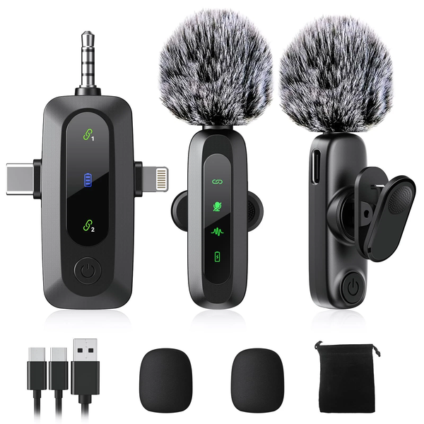 3in1 Dual Wireless Lavalier Microphones Compatible With iOS/Android/Camera