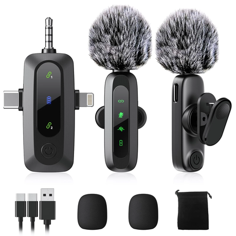 3in1 Dual Wireless Lavalier Microphones Compatible With iOS/Android/Camera Image