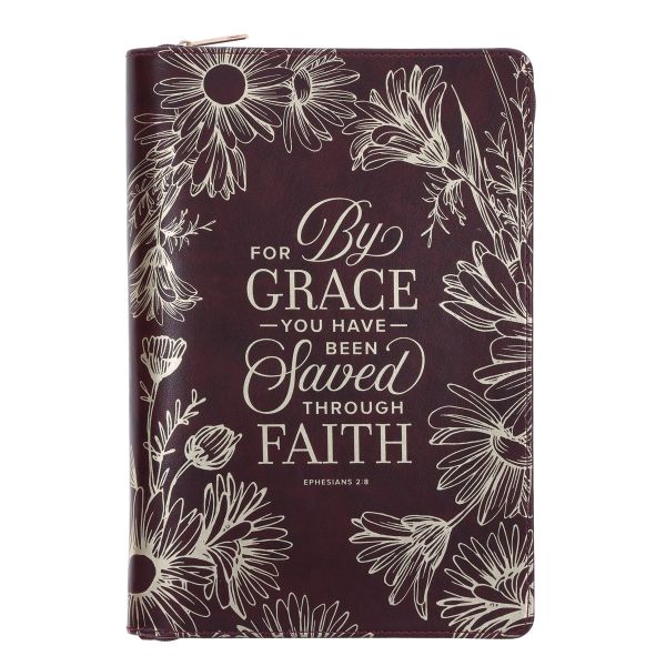 Faux Leather Journal, Zipped Closure - For by Grace You Have Been Saved