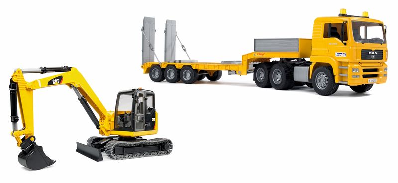 Bruder MAN TGA Truck with Low Loader Trailer &amp; CAT Mini Excavator