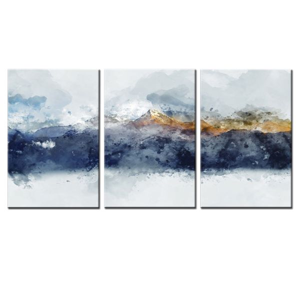 Canvas-Art-3 Pieces Navy Blue and Golden Mountain Abstract Wall Art