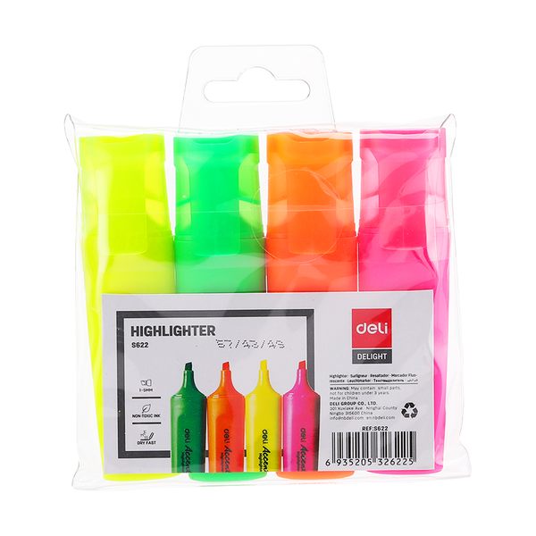 DELI Highlighters - 4 Pack (Yellow, Green, Orange, Pink)