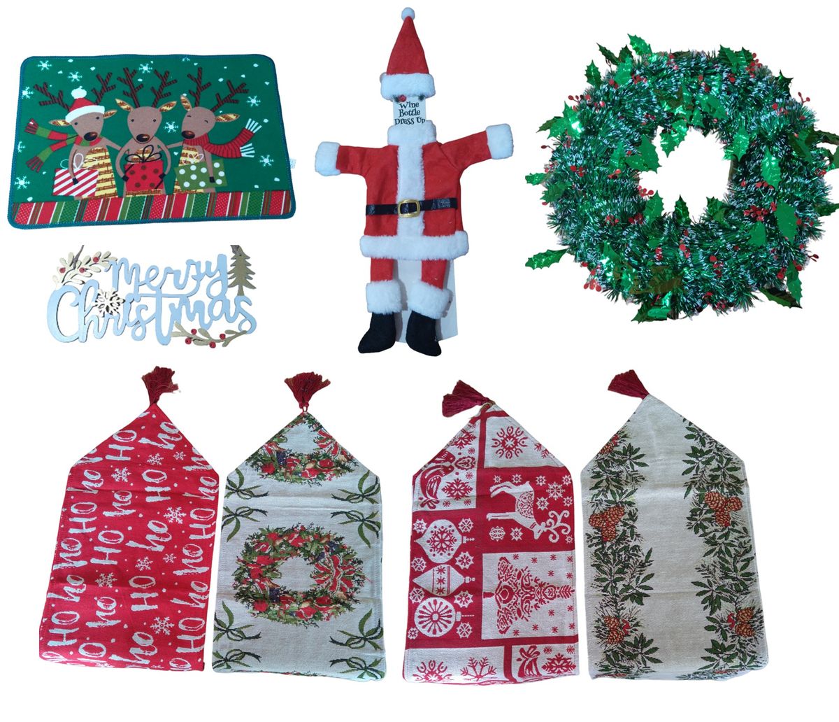 Christmas decor bundle (wreath, runner, bottle decor, welcome mat, sign)