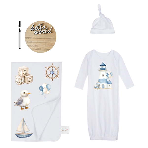 Newborn-Sleeping Bag, Swaddle, Hat, &amp; Birth Announce World-Sailor Ocean