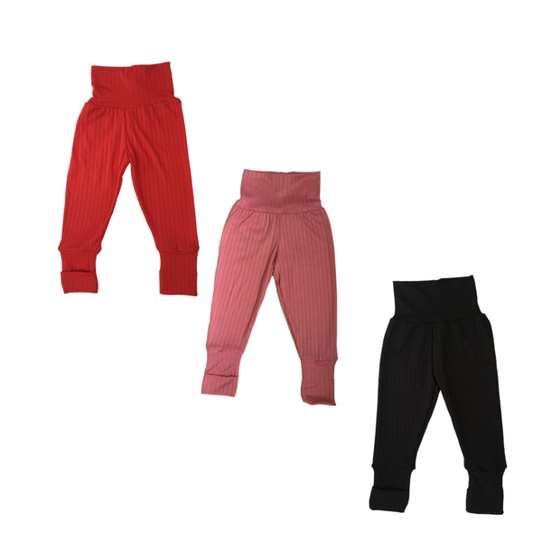 Baby Toddler Pants -3 Pack-Fold Over Cuffs - Rib - Red, Pink &amp; Black