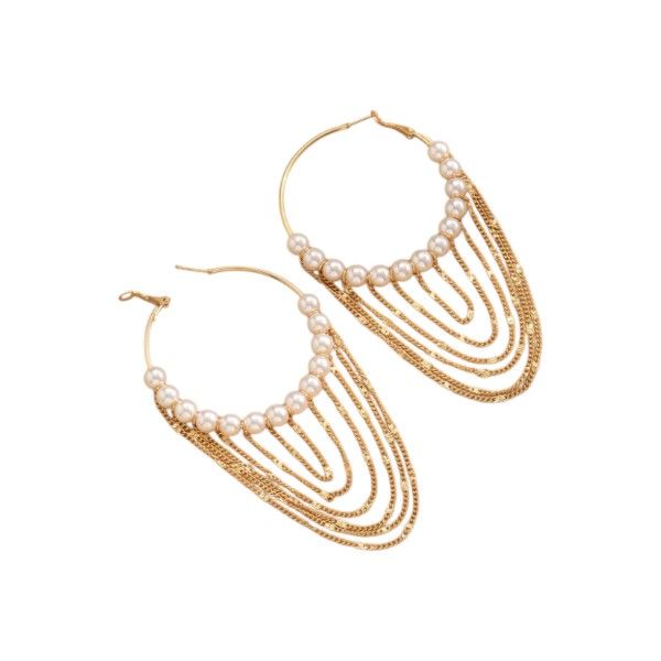 Pearl Beaded Hoop Earrings With Chain Tassels - Gold