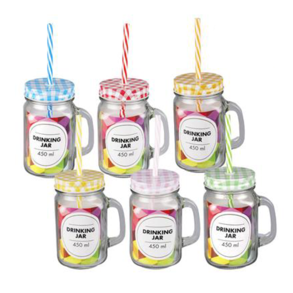 JarFlow - 6-Pack Drinking Jar Glass with Straw 450ml