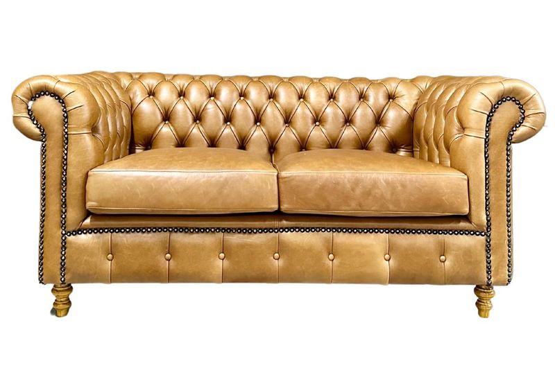 Genuine Leather Tan Two Seater Chesterfield Sofa