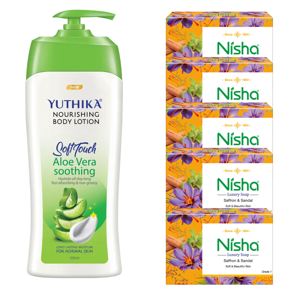 Aloe Vera Body Lotion 500ml &amp; 5-Pack Saffron Sandal Luxury Soap Spa Set