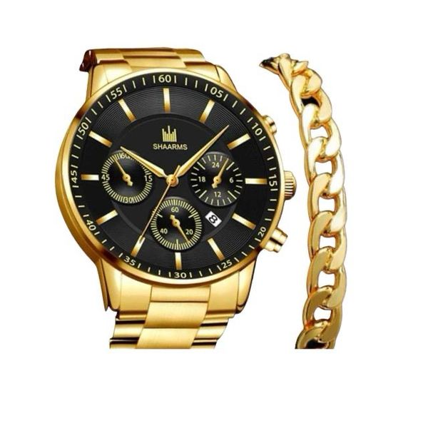 Mens Gold Watch Bracelet Set Fashion Luxury Stainless Steel Bracelet