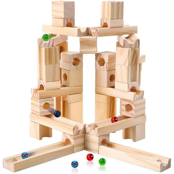 60-Piece Wooden Marble Run Toys for Kids Wooden Track Building Blocks Play Set