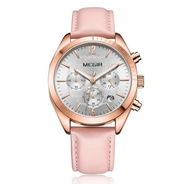 Megir 2115 Womens Chronograph Genuine Leather Watch - Pink