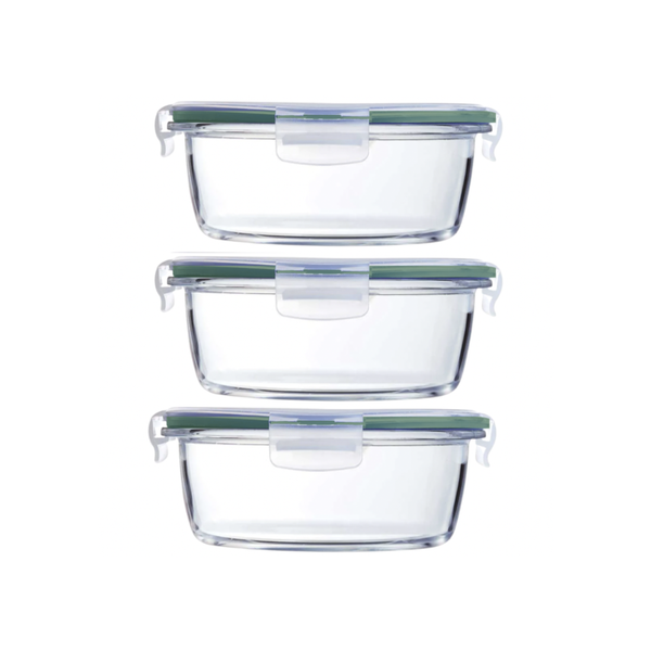 Clip-Seal Heat-Resistant Glass Food Containers Round - 3 Pack - 400ml