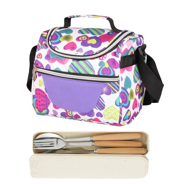 7L Lunch Tote Bag &amp; Cutlery Set Insulated Floral Adjustable Strap for Kids